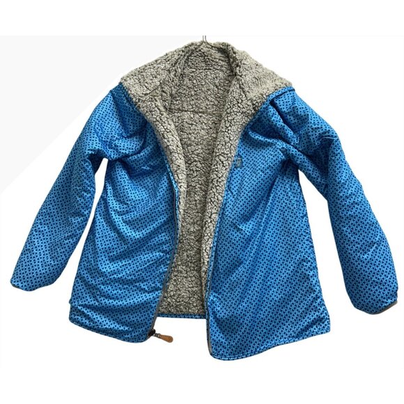 Palm Tree Two-Tone Reversible Sherpa Jacket Blue Print Zippered Womens size XL - Picture 2 of 8